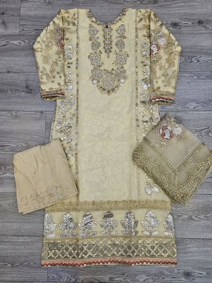 MB D5 pastel beige colour embroidered neck with hand embellishment sharara suit -Sizes M to 8XL - Womenswear traditional plus size fancy partywear wedding clothes, gorgeous fit