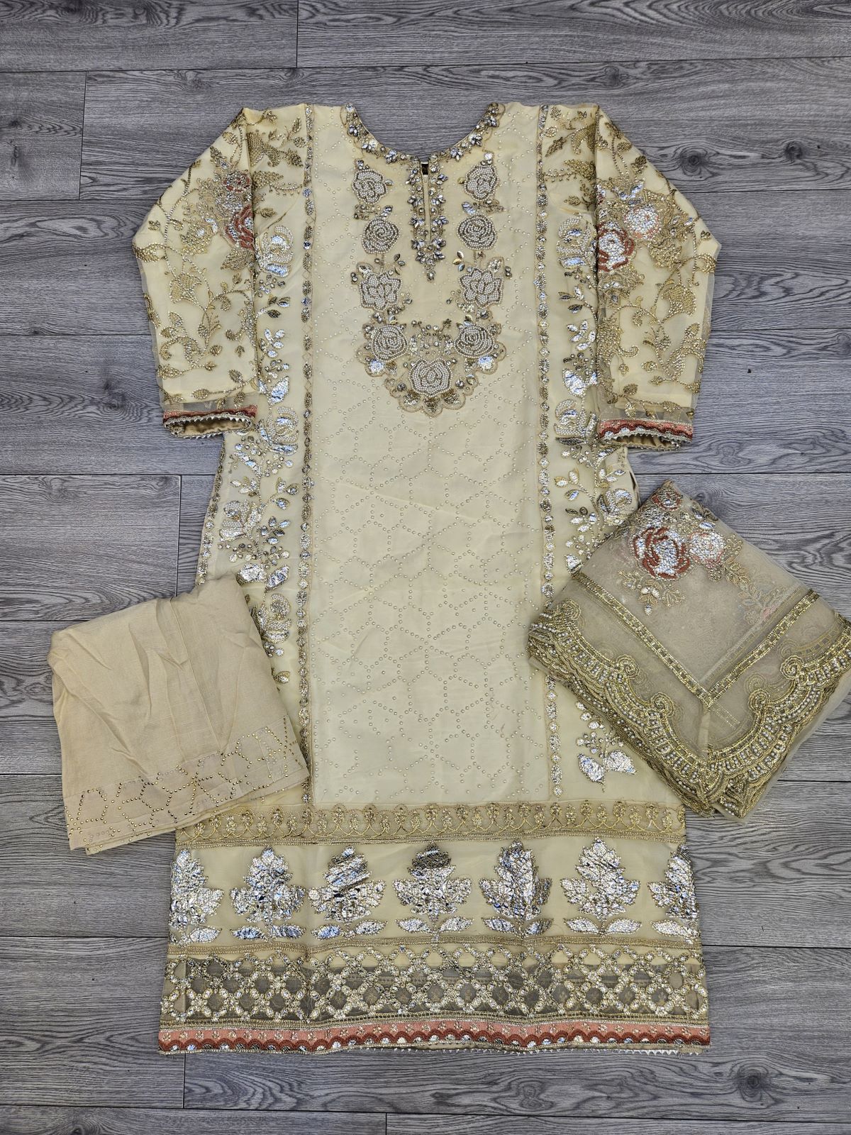 MB D5 pastel beige colour embroidered neck with hand embellishment sharara suit -Sizes M to 8XL - Womenswear traditional plus size fancy partywear wedding clothes, gorgeous fit