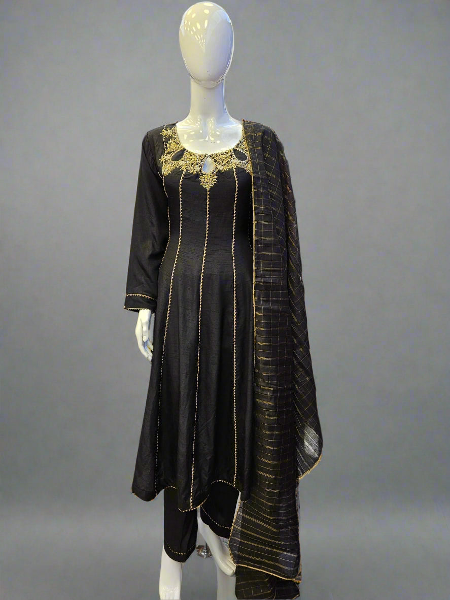 Black with antique gold colour hand embellished raw silk