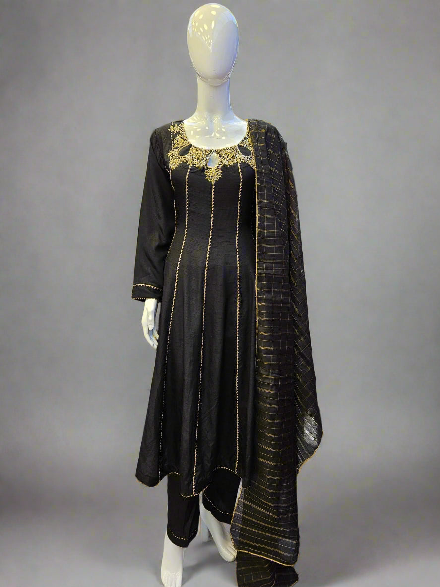 Black with antique gold colour hand embellished raw silk