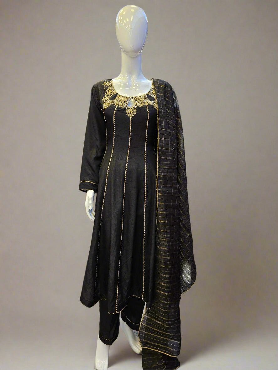 Black with antique gold colour hand embellished raw silk