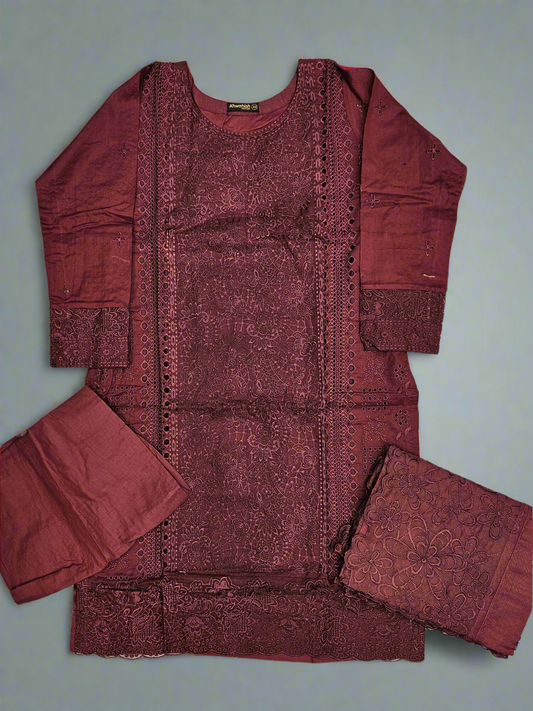 MB deep maroon colour thread embroidered chiken kari shalwar kameez cotton fabric embroidery dupatta sizes (M to 7XL) womenswear traditional plus size comfort clothing Eid festive