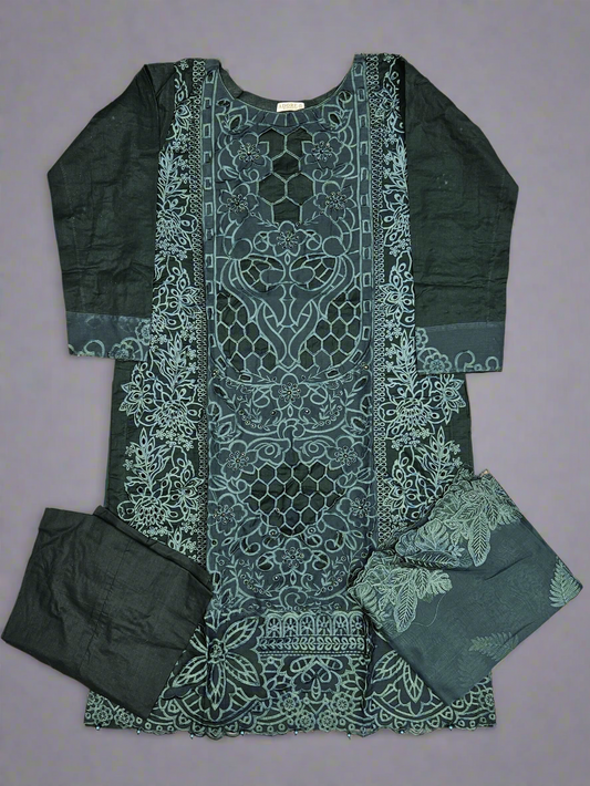 MB dark evergreen chiken kari embroidery cotton shalwar kameez with embroidered dupatta in sizes [M to 7XL] - Womenswear traditional comfort plus size clothing elegant - Gorgeous, fit