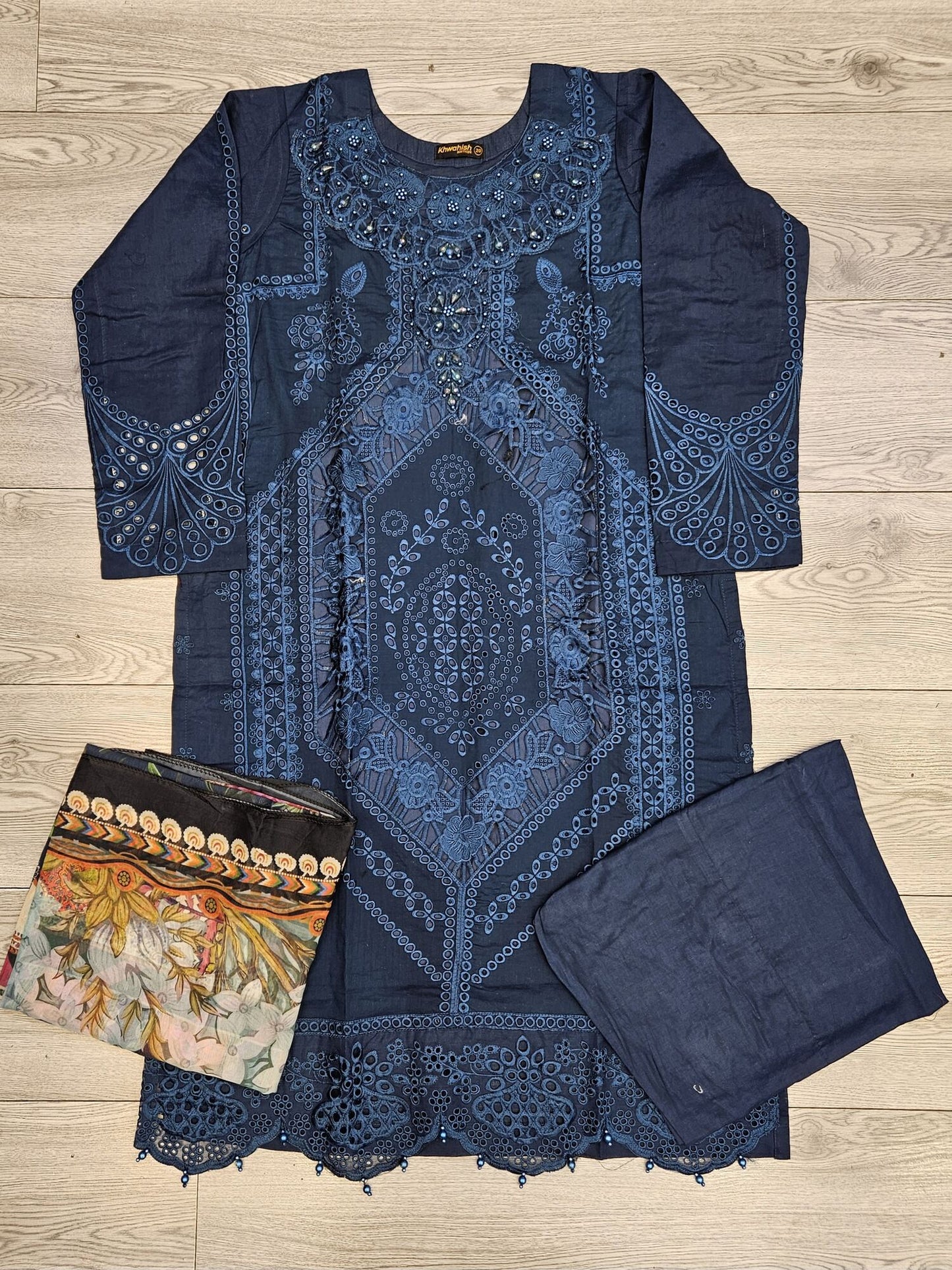 MB deep crystal teal colour embroidered shalwar kameez in cotton fabric with silk floral dupatta in sizes (M to 7XL)-womenswear traditional plus size clothing comfort Eid festive