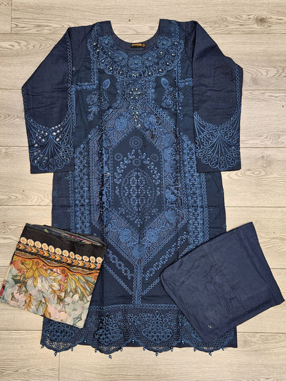 MB deep crystal teal colour embroidered shalwar kameez in cotton fabric with silk floral dupatta in sizes (M to 7XL)-womenswear traditional plus size clothing comfort Eid festive