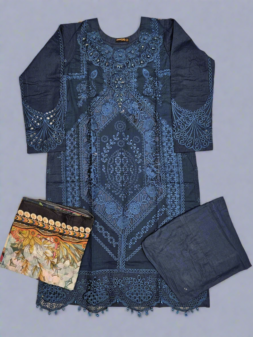 MB deep crystal teal colour embroidered shalwar kameez in cotton fabric with silk floral dupatta in sizes (M to 7XL)-womenswear traditional plus size clothing comfort Eid festive