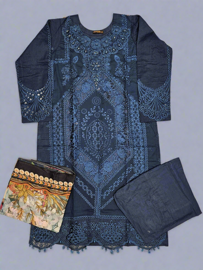 MB deep crystal teal colour embroidered shalwar kameez in cotton fabric with silk floral dupatta in sizes (M to 7XL)-womenswear traditional plus size clothing comfort Eid festive