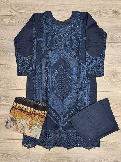 MB deep crystal teal colour embroidered shalwar kameez in cotton fabric with silk floral dupatta in sizes (M to 7XL)-womenswear traditional plus size clothing comfort Eid festive
