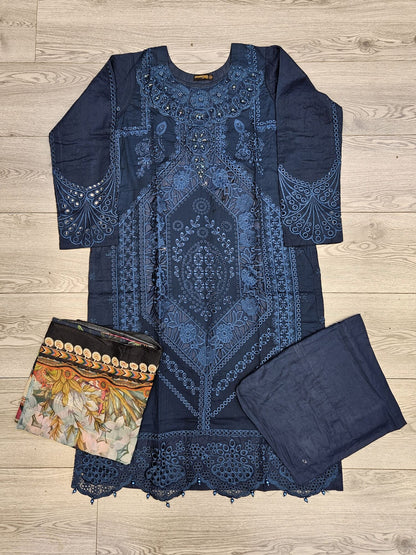MB deep crystal teal colour embroidered shalwar kameez in cotton fabric with silk floral dupatta in sizes (M to 7XL)-womenswear traditional plus size clothing comfort Eid festive