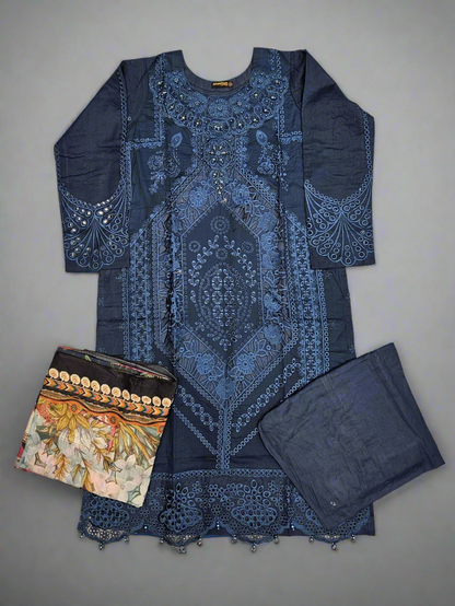 MB deep crystal teal colour embroidered shalwar kameez in cotton fabric with silk floral dupatta in sizes (M to 7XL)-womenswear traditional plus size clothing comfort Eid festive