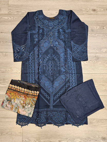 MB deep crystal teal colour embroidered shalwar kameez in cotton fabric with silk floral dupatta in sizes (M to 7XL)-womenswear traditional plus size clothing comfort Eid festive