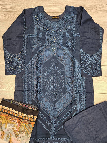MB deep crystal teal colour embroidered shalwar kameez in cotton fabric with silk floral dupatta in sizes (M to 7XL)-womenswear traditional plus size clothing comfort Eid festive