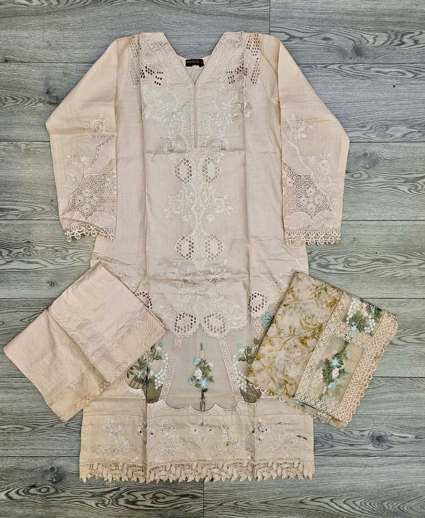 MB light peach and olive green colour thread and sequins laser cut