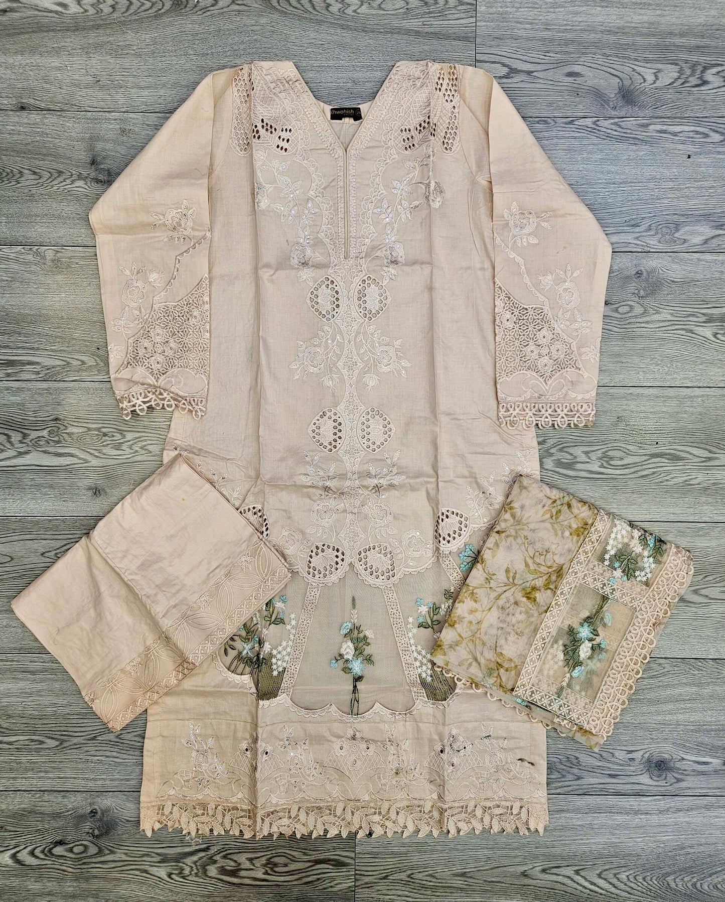 MB light peach and olive green colour thread and sequins laser cut