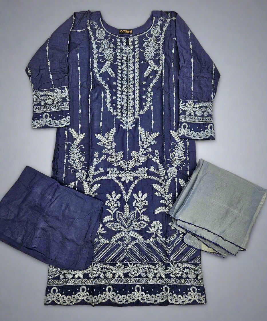 CRM Navy blue and charcoal grey colour thread and sequins laser cut chikan embroidery linen fabric shalwar kameez in sizes [M to 8XL]-Womenswear traditional dress plus size comfort clothing - Eid festive