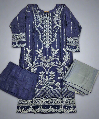 CRM Navy blue and charcoal grey colour thread and sequins laser cut chikan embroidery linen fabric shalwar kameez in sizes [M to 8XL]-Womenswear traditional dress plus size comfort clothing - Eid festive