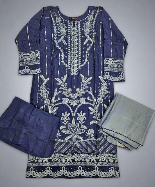 CRM Navy blue and charcoal grey colour thread and sequins laser cut chikan embroidery linen fabric shalwar kameez in sizes [M to 8XL]-Womenswear traditional dress plus size comfort clothing - Eid festive