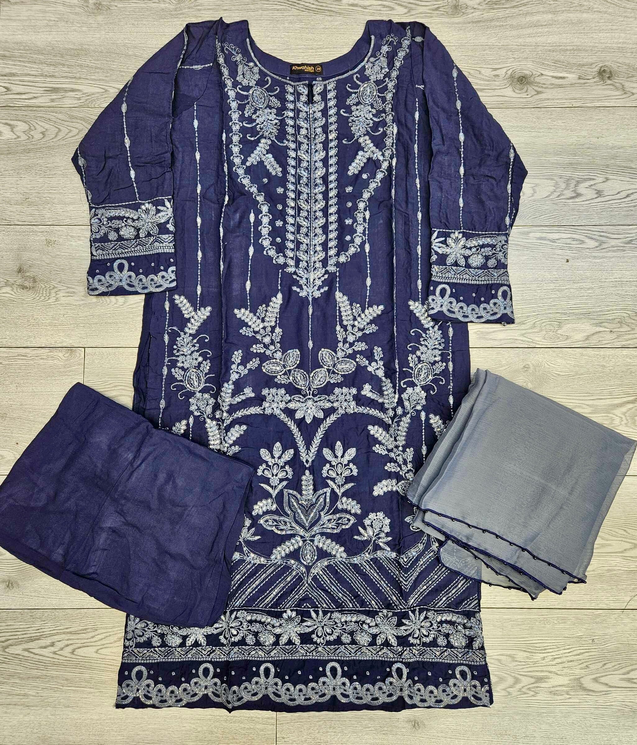 CRM Navy blue and charcoal grey colour thread and sequins laser cut