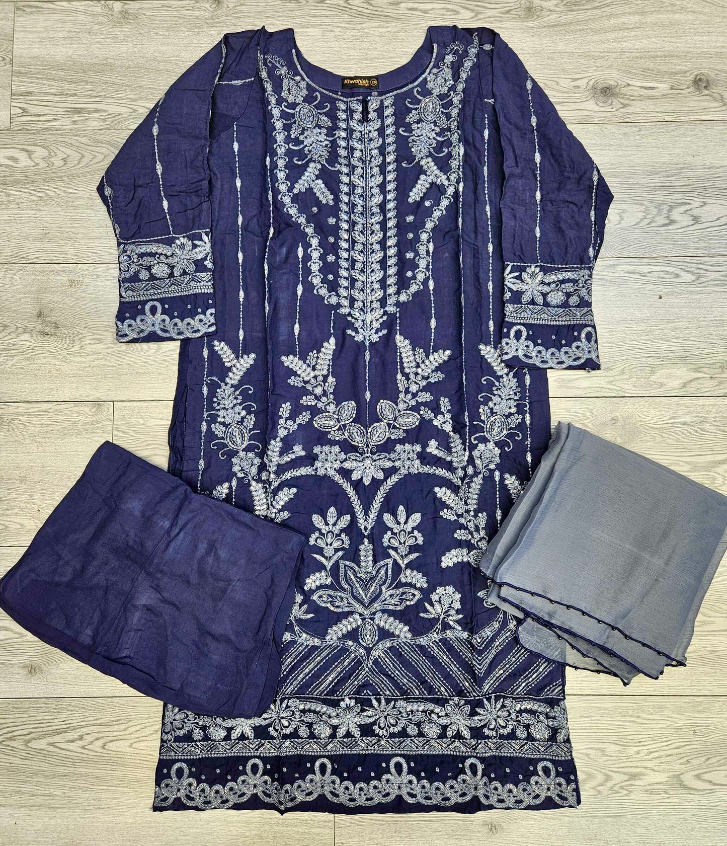 CRM Navy blue and charcoal grey colour thread and sequins laser cut chikan embroidery linen fabric shalwar kameez in sizes [M to 8XL]-Womenswear traditional dress plus size comfort clothing - Eid festive