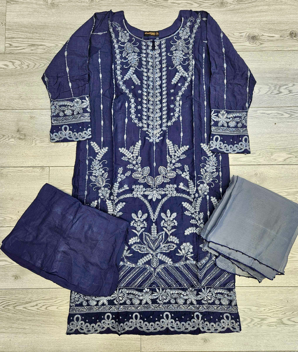 CRM Navy blue and charcoal grey colour thread and sequins laser cut