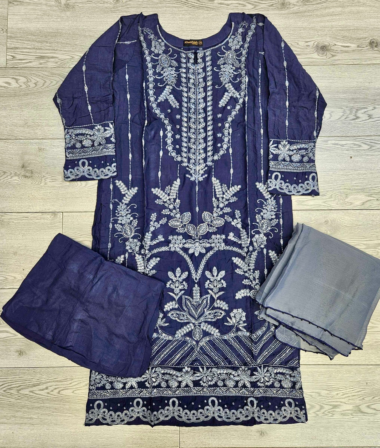CRM Navy blue and charcoal grey colour thread and sequins laser cut chikan embroidery linen fabric shalwar kameez in sizes [M to 8XL]-Womenswear traditional dress plus size comfort clothing - Eid festive