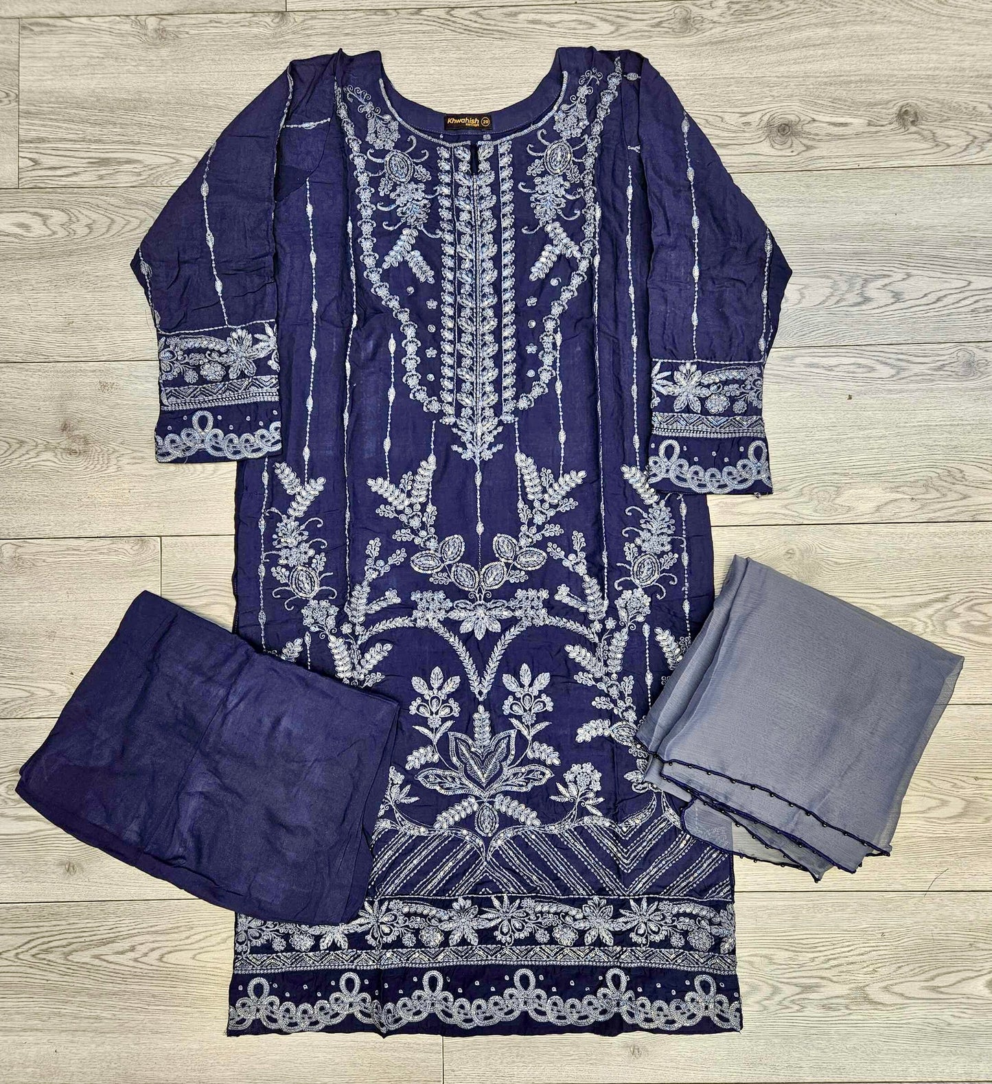CRM Navy blue and charcoal grey colour thread and sequins laser cut chikan embroidery linen fabric shalwar kameez in sizes [M to 8XL]-Womenswear traditional dress plus size comfort clothing - Eid festive