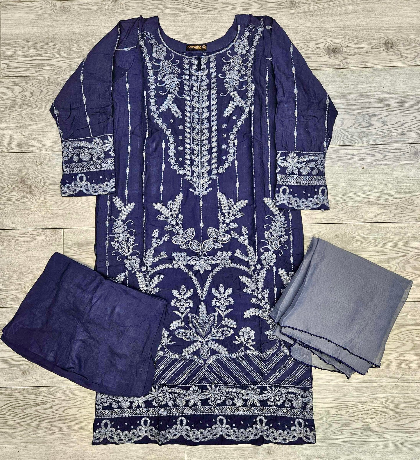 CRM Navy blue and charcoal grey colour thread and sequins laser cut chikan embroidery linen fabric shalwar kameez in sizes [M to 8XL]-Womenswear traditional dress plus size comfort clothing - Eid festive