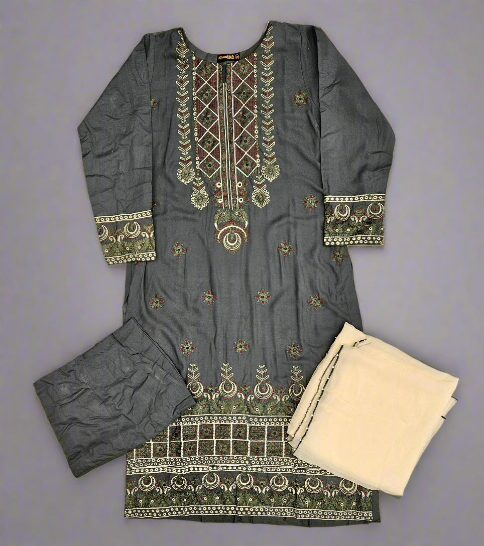 CRM dark green and olive green colour thread and sequins laser cut