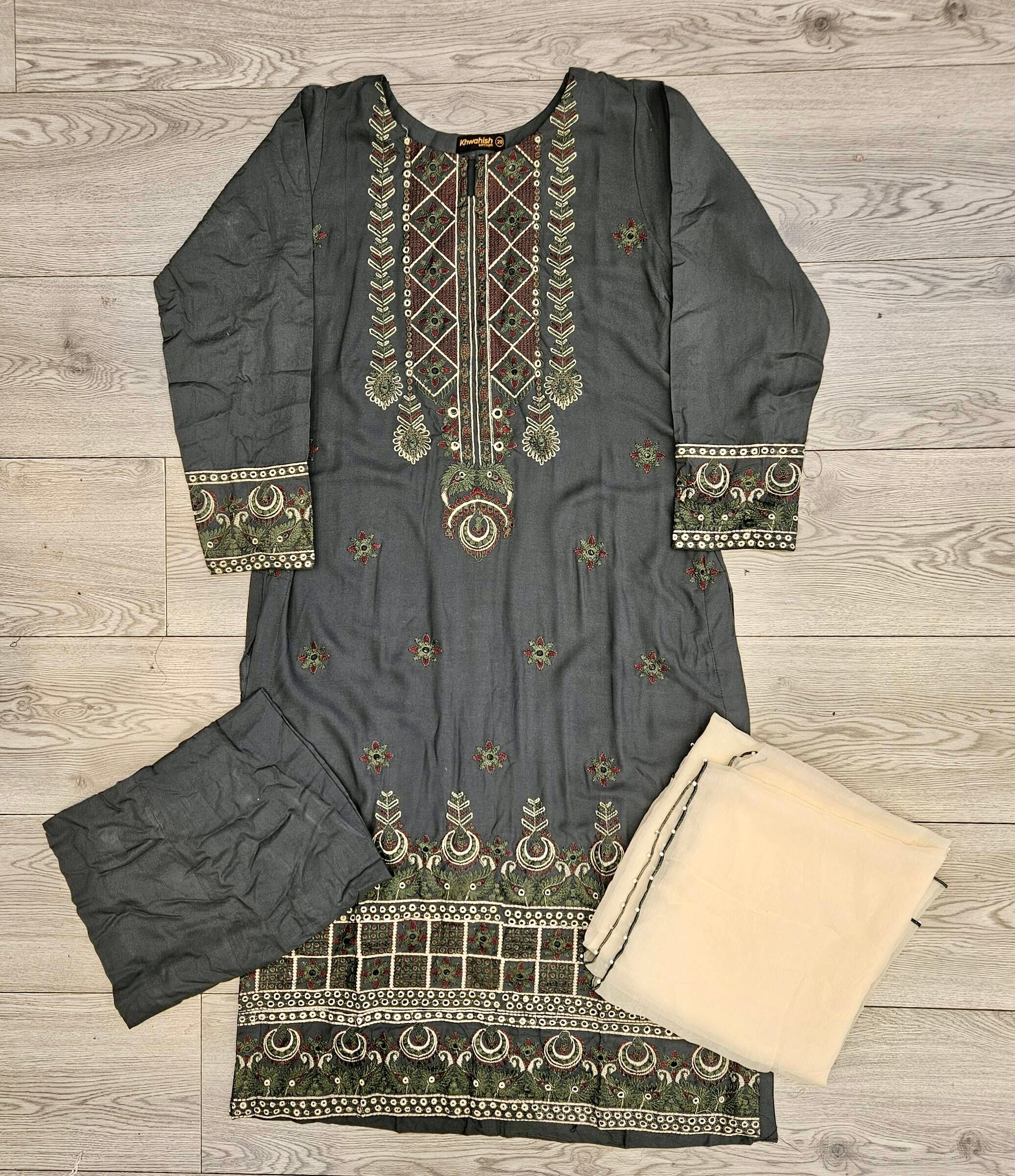 CRM dark green and olive green colour thread and sequins laser cut