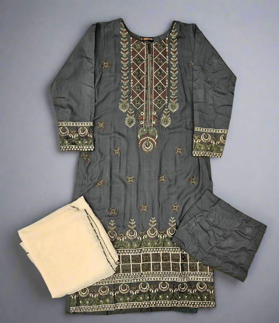 CRM dark green and olive green colour thread and sequins laser cut chikan embroidery linen fabric shalwar kameez in sizes [M to 8XL]-Womenswear traditional dress plus size comfort clothing - Eid festive