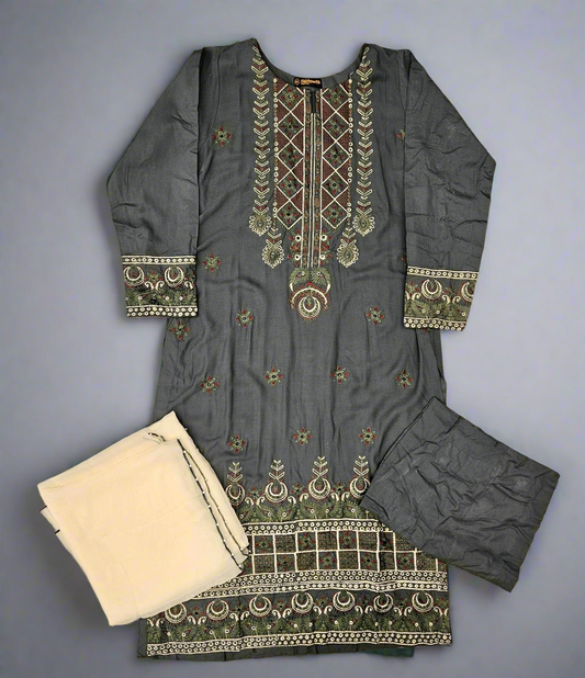 CRM dark green and olive green colour thread and sequins laser cut chikan embroidery linen fabric shalwar kameez in sizes [M to 8XL]-Womenswear traditional dress plus size comfort clothing - Eid festive