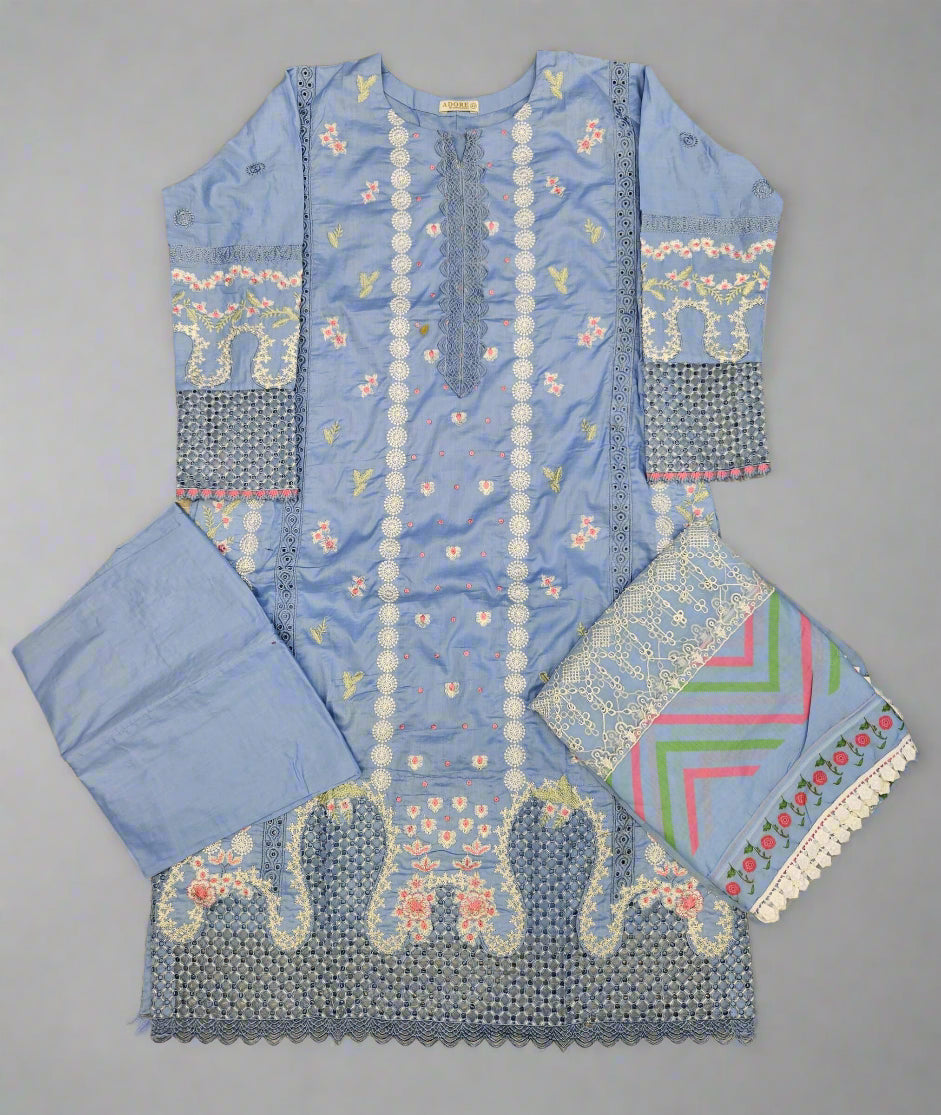 SUF light sky blue with pink colour thread and sequins laser cut chikan embroidery cotton fabric shalwar kameez in sizes [M to 8XL]-Womenswear traditional plus size comfort clothing