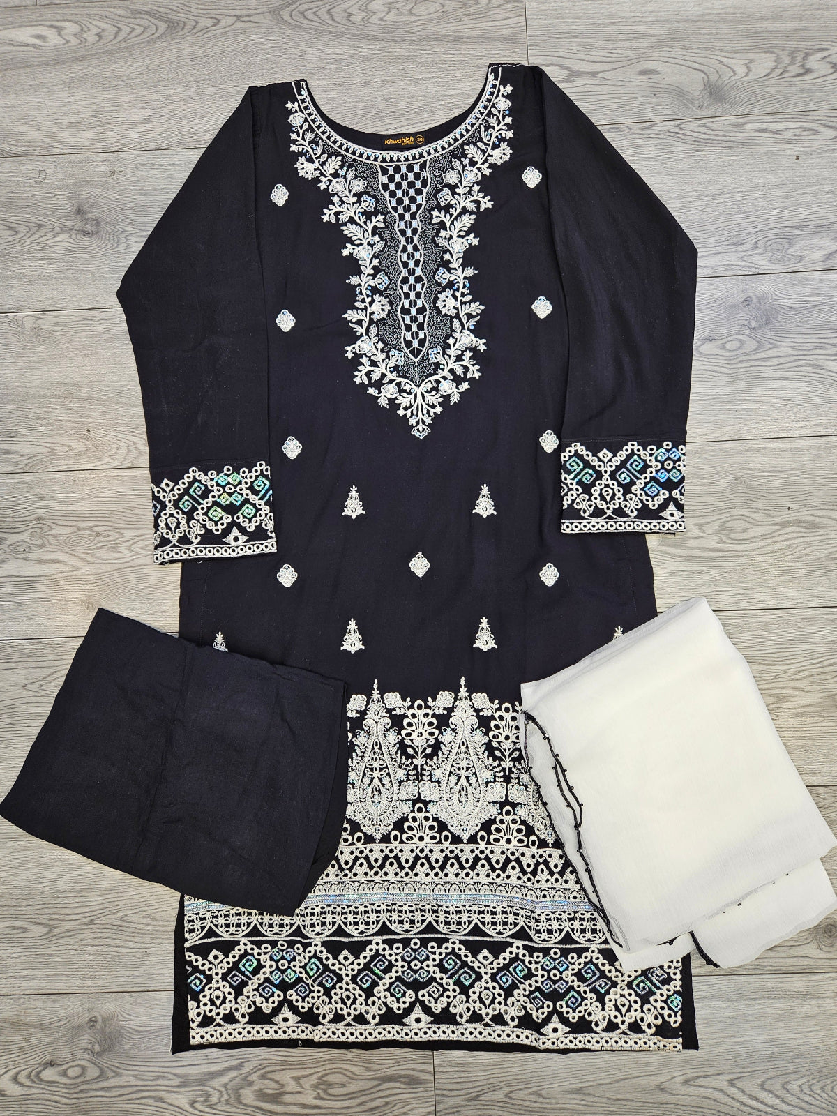 Black and white colour thread and sequins embroidered