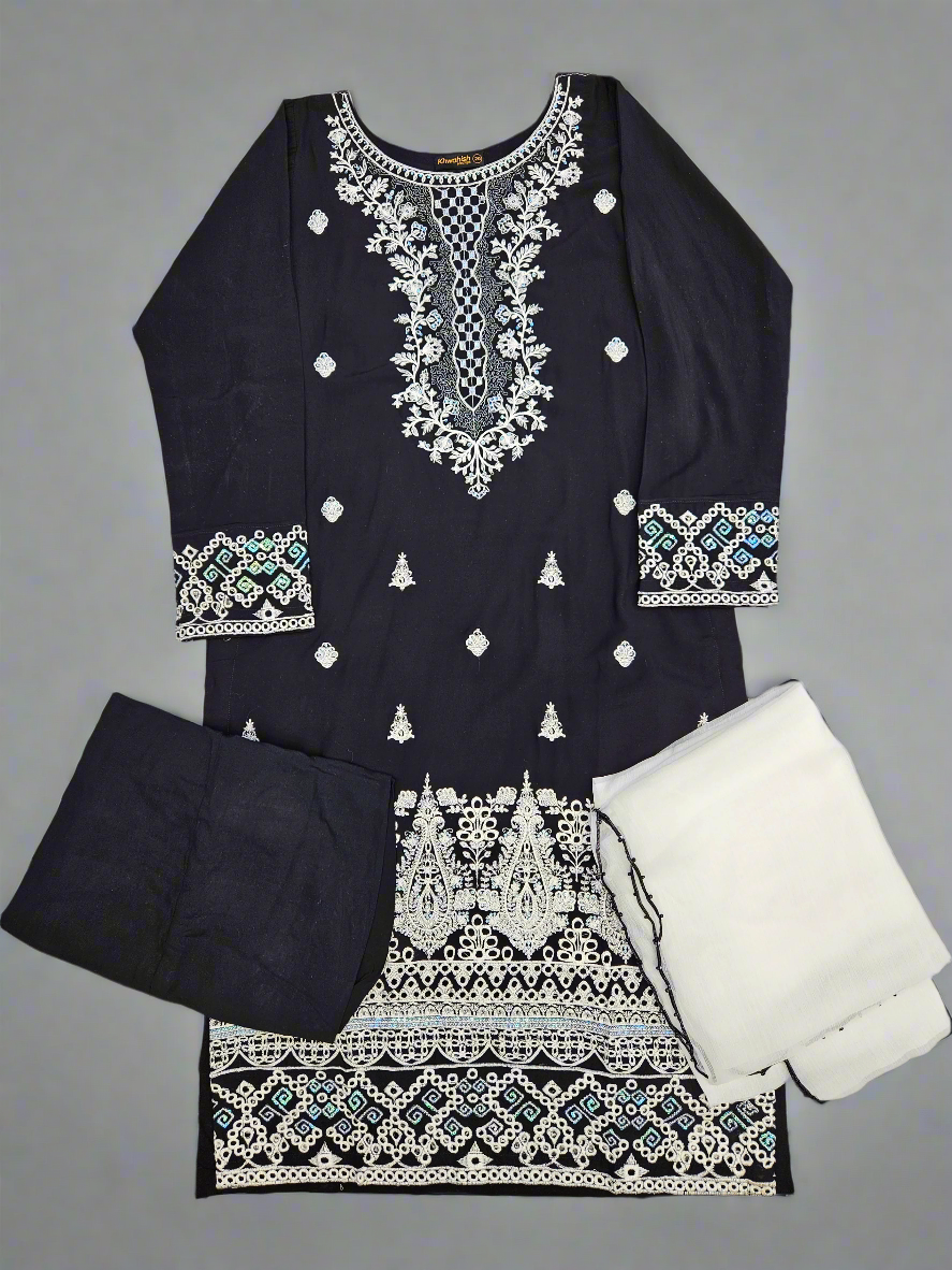 Black and white colour thread and sequins embroidered