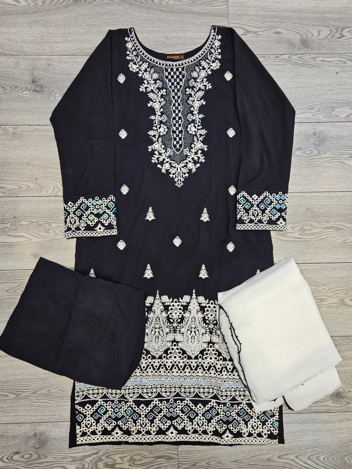 Black and white colour thread and sequins embroidered