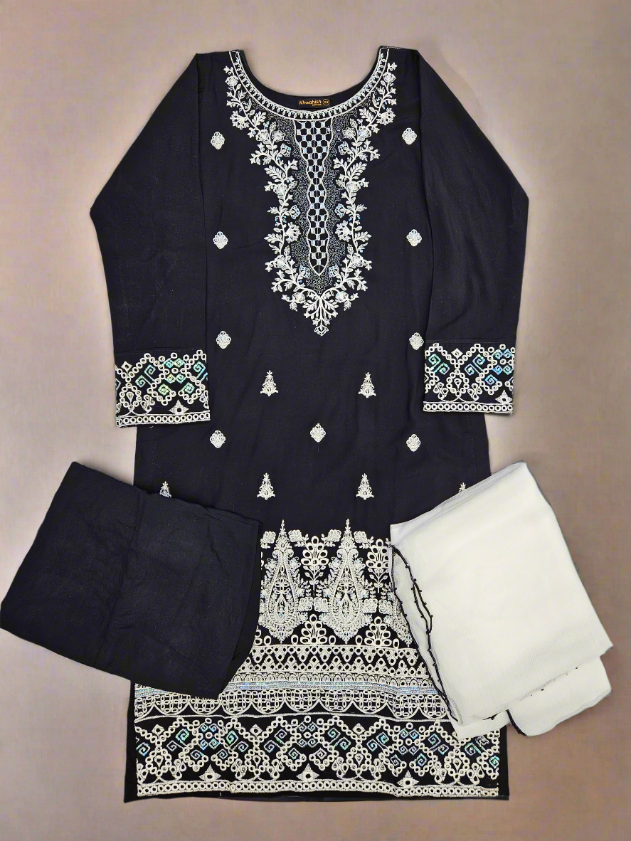 Black and white colour thread and sequins embroidered