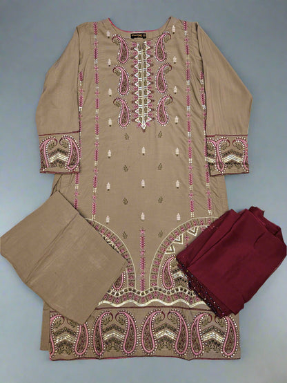 Beige with pink and maroon colour thread and sequins embroidered linen fabric shalwar kameez in sizes [M to 7XL] womenswear traditional casual plus size clothing Eid festive suit