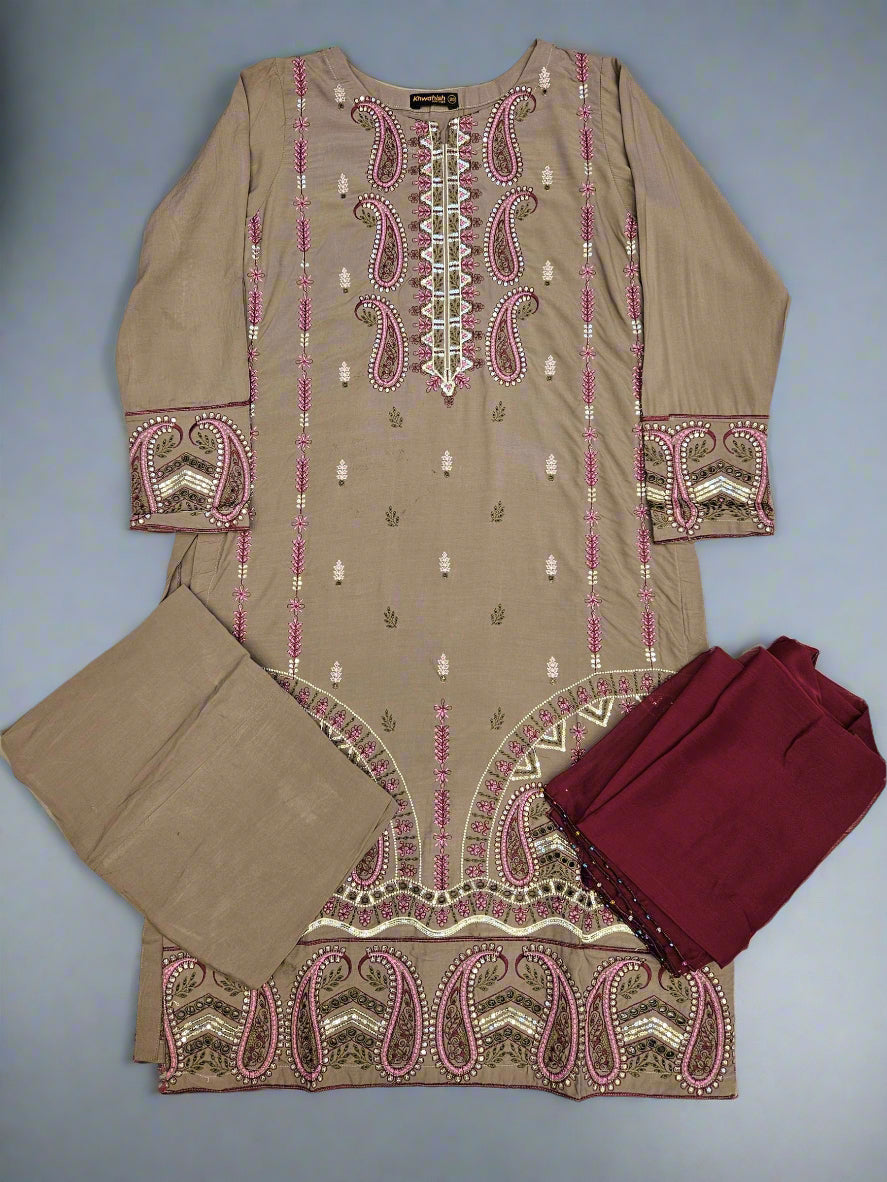 Beige with pink and maroon colour thread and sequins embroidered linen fabric shalwar kameez in sizes [M to 7XL] womenswear traditional casual plus size clothing Eid festive suit