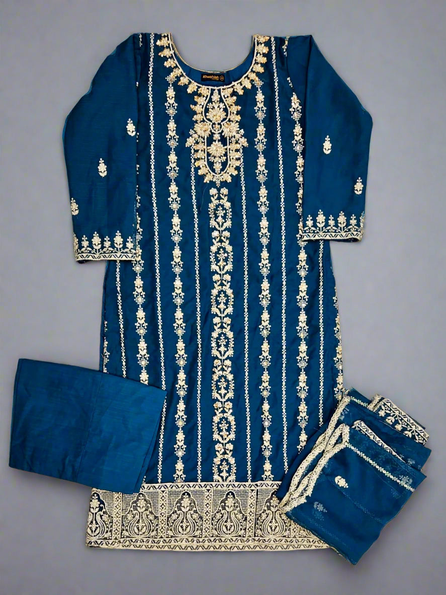 AG celadon blue and gold colour hand embellished