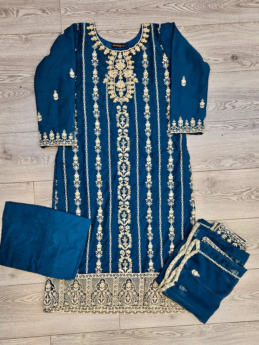 AG celadon blue and gold colour hand embellished