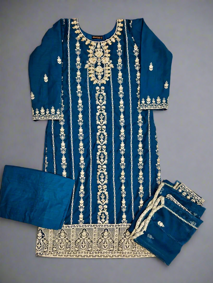 AG celadon blue and gold colour hand embellished