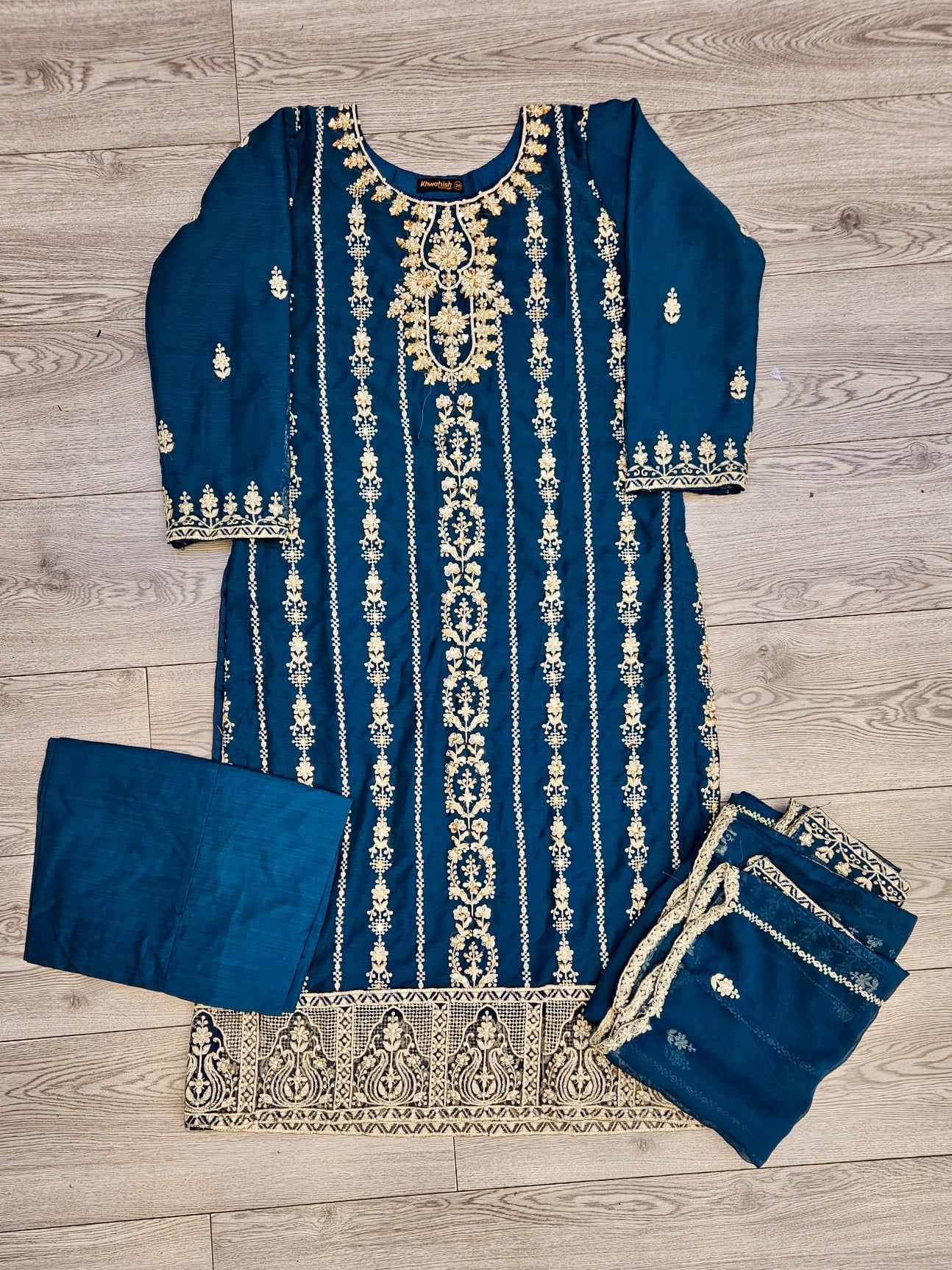 AG celadon blue and gold colour hand embellished