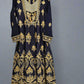 Midnight blue and dandelion yellow colour thread and sequins embroidered