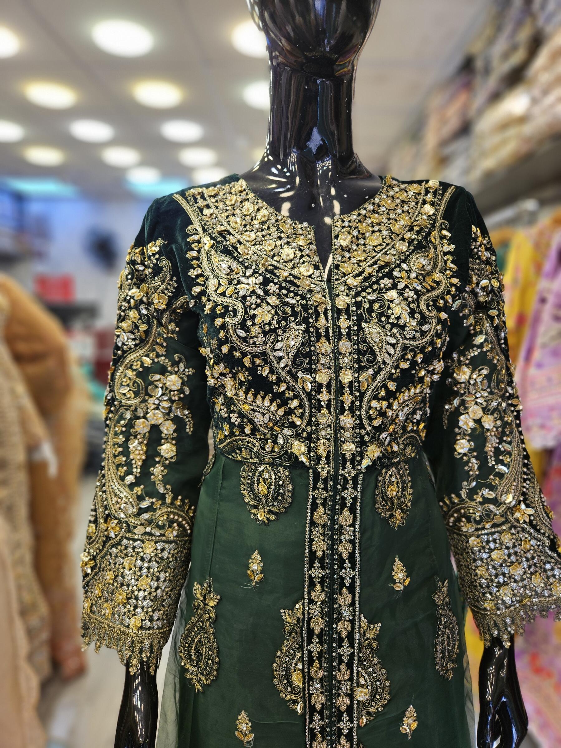MB Mbroidered dark green colour velvet front bodice