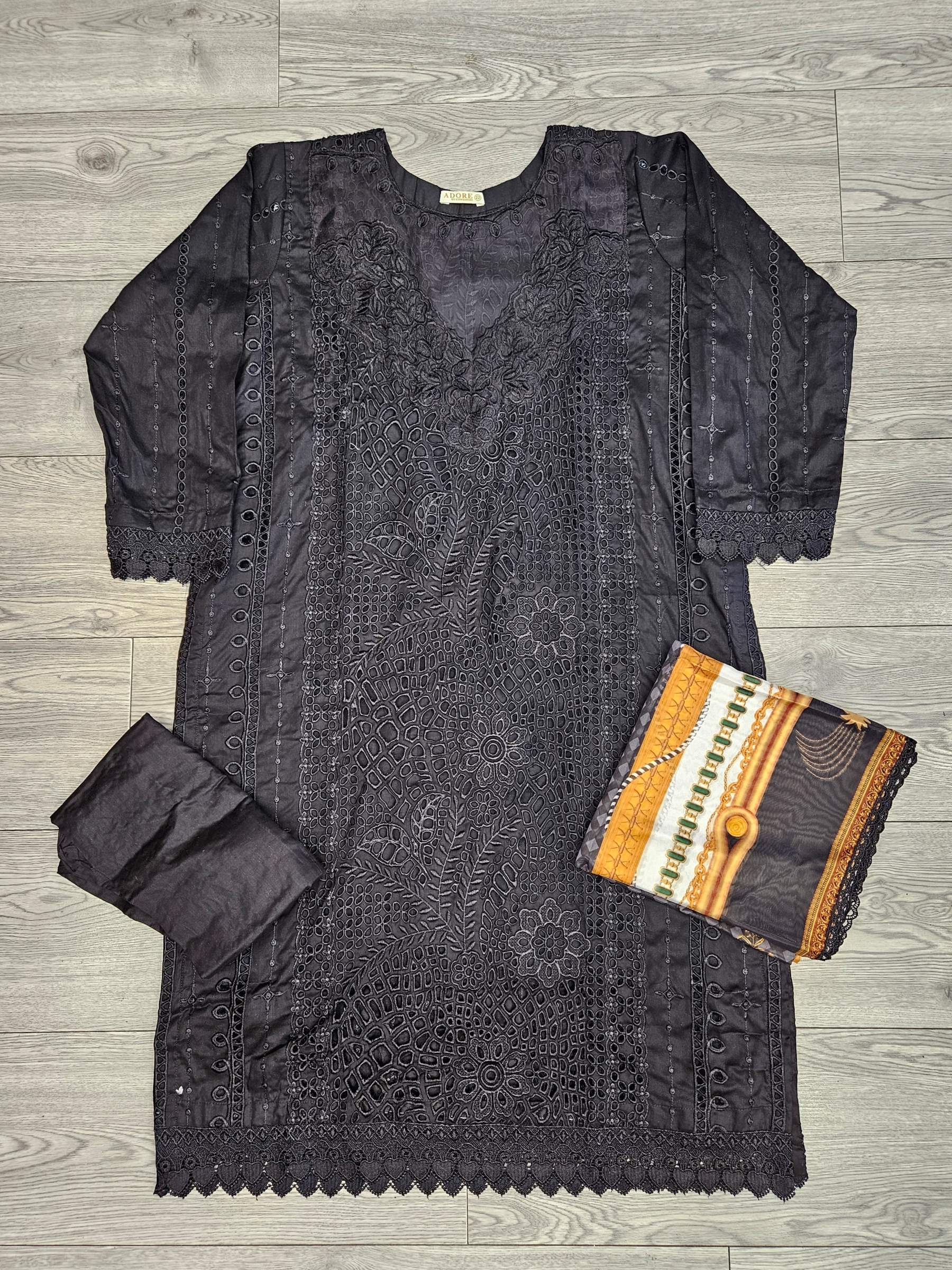 MB black and gold colour thread and sequins laser cut