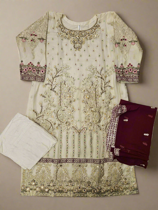Light beige colour hand embroidered shalwar kameez suit in chiffon sizes (Small to 2XL) womenswear traditional dress