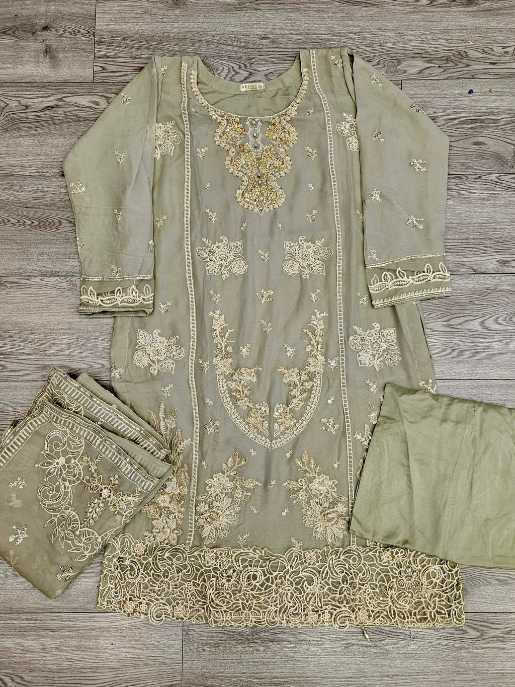 AD1 Sage Green Colour Hand Embellished in Pearls Stones