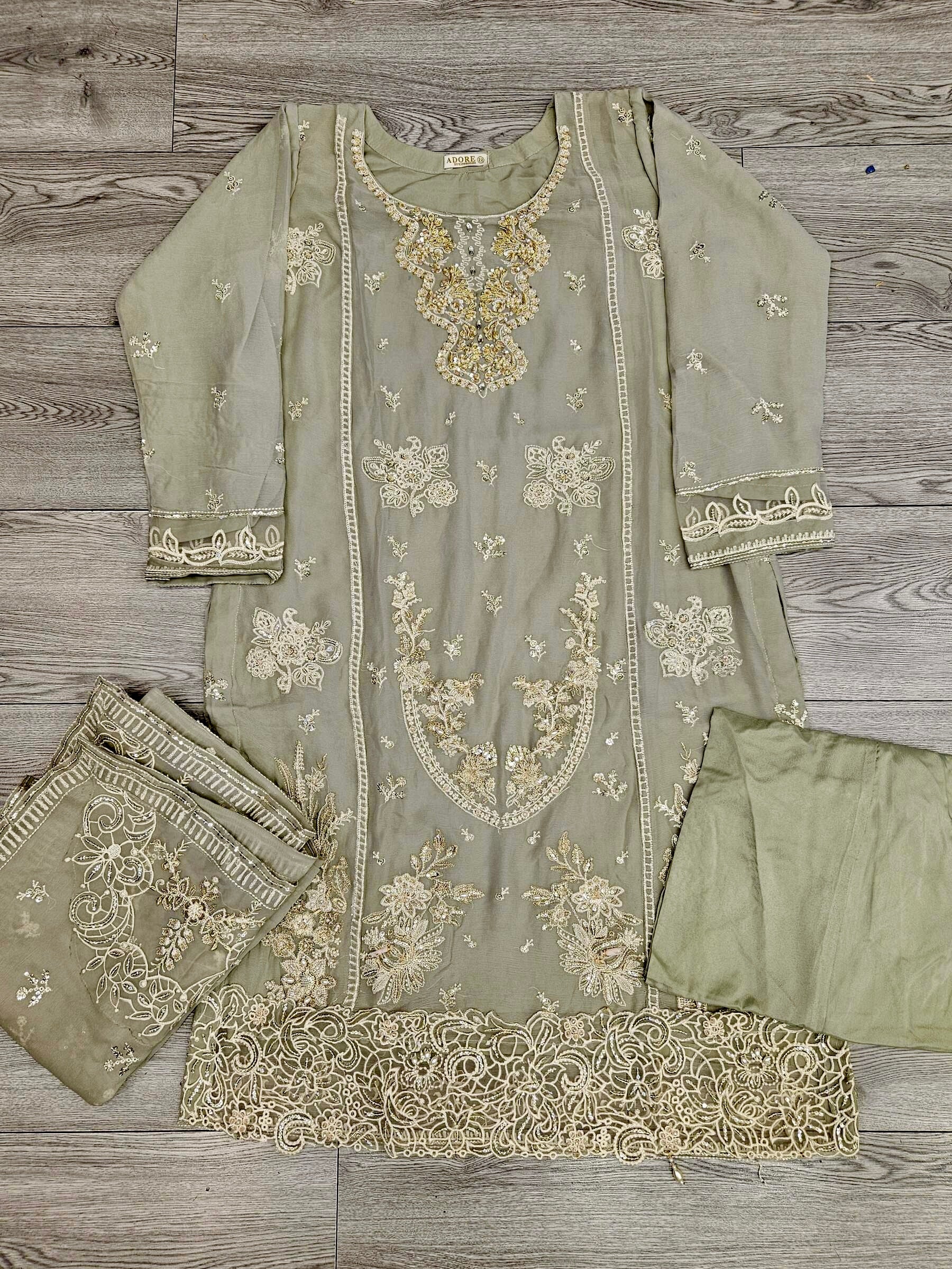 AD1 Sage Green Colour Hand Embellished in Pearls Stones