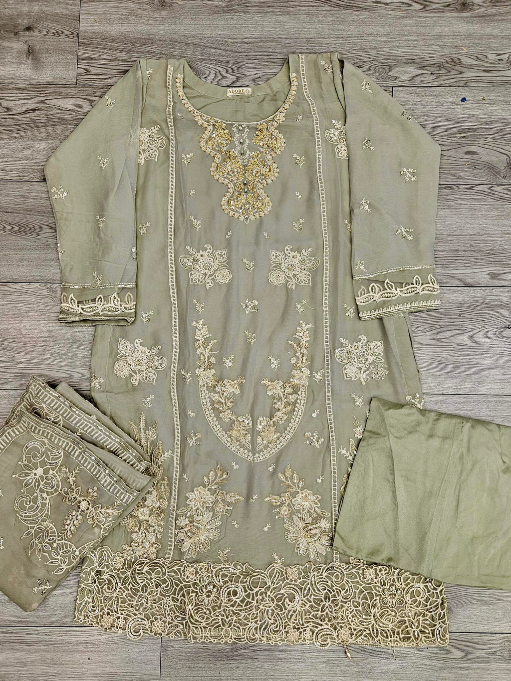 AD1 Sage Green Colour Hand Embellished in Pearls Stones