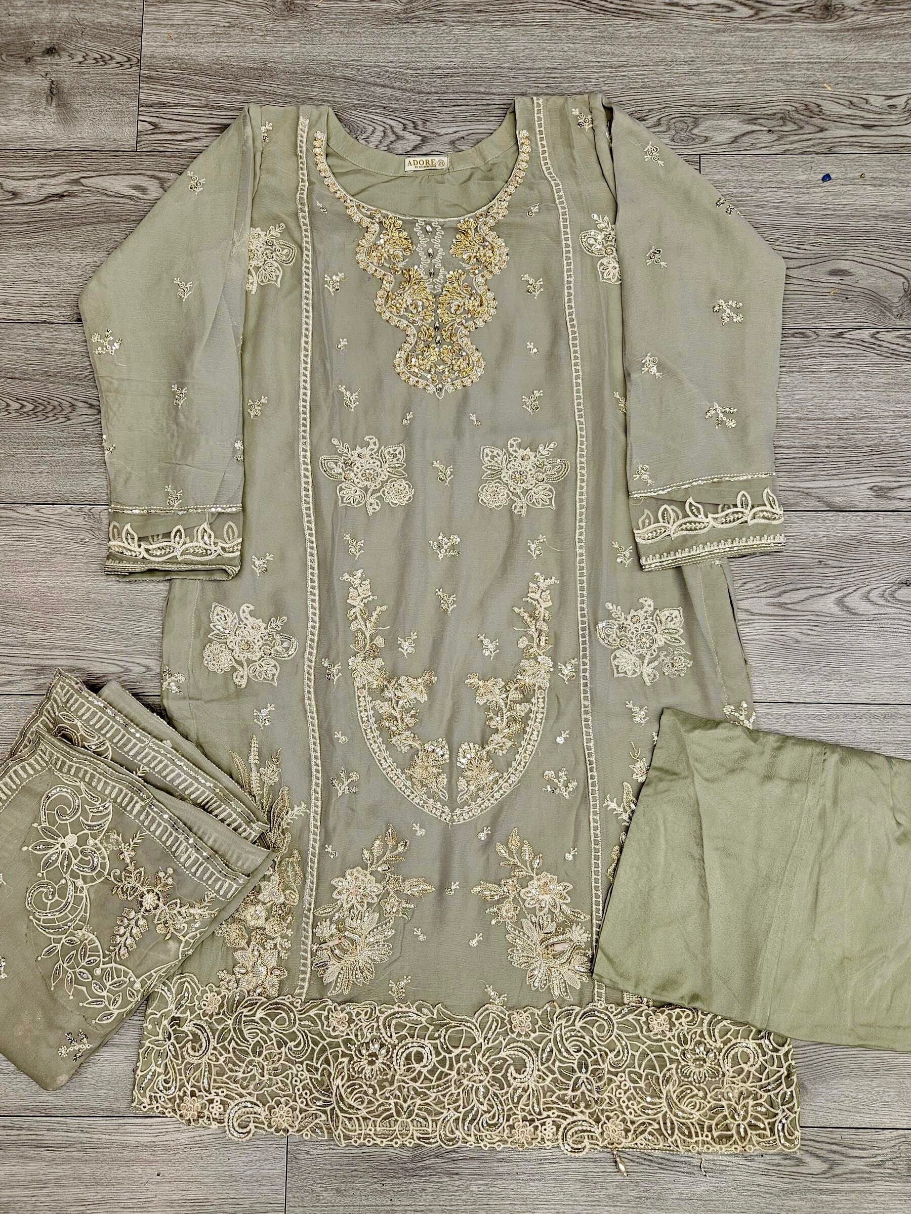 AD1 Sage Green Colour Hand Embellished in Pearls Stones